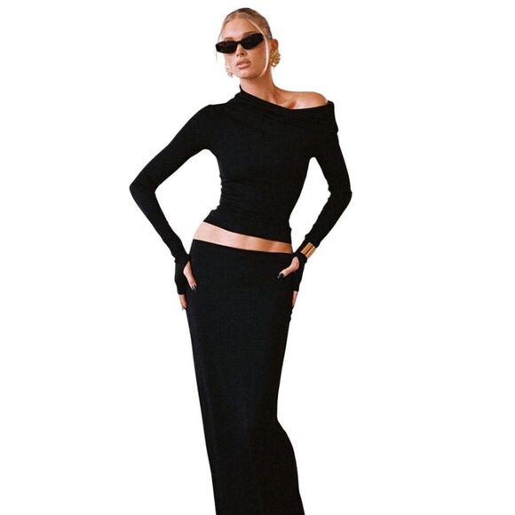 Brand New Matte Black Jersey Drape Shoulder Top and Slim Skirt Set - Size Small - Picture 1 of 4